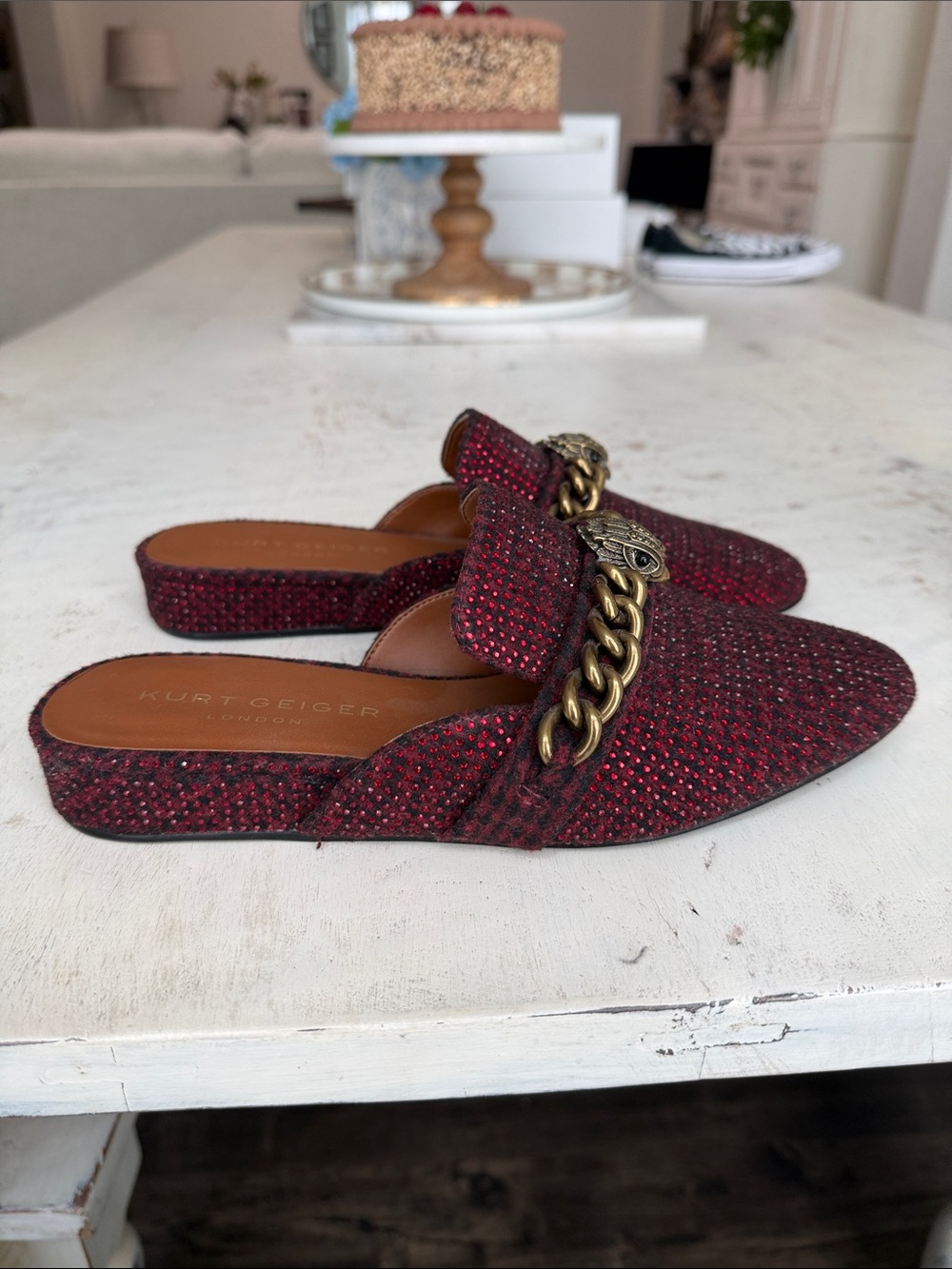Kurt Geiger Burgundy Tweed Chain-Embellished Loafers - Picture 2 of 4